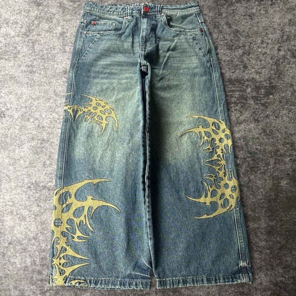 Vitriol Tribal Baggy Jeans Men’s Size 30 Blue Embroidered Denim Y2K Grunge